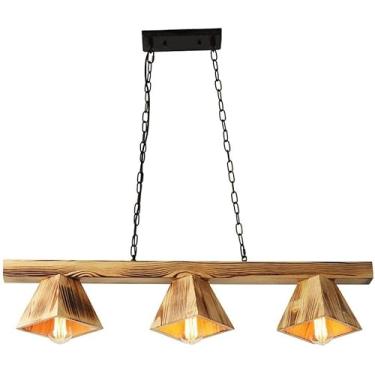 Imagem de Luminária pendente linear de madeira com 3 luzes, iluminação rústica de fazenda, ilha de cozinha, luminária suspensa de teto industrial preta, lustre linear vintage para sala de jantar, mesa