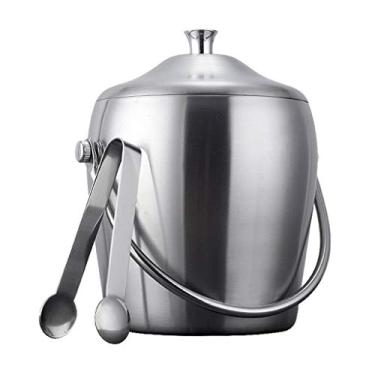 Imagem de Baldes de gelo isolados Balde de gelo, refrigerador de garrafa de vinho de parede dupla de aço inoxidável isolado de 1,2/2L com tampa e pinças de gelo de metal Balde de champanhe de cerveja para