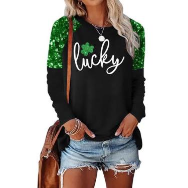 Imagem de Camiseta feminina HQP St Patricks Day Lucky Clover de lantejoulas de m