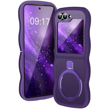 Imagem de [Suporte magnético e moldura ondulada] Capa para Samsung Galaxy Z Flip 6/5 [Apto para Mag Safe] [Proteção contra quedas militar] Capa de anel de telefone translúcida não amarelada Z Flip 6/5 para