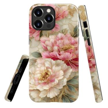 Imagem de heindiy Compatível com iPhone 16 Pro Max, capa brilhante, proteção total, à prova de choque, anti-arranhões, capa de TPU, capas para homens e mulheres - estilo vintage de flores de peônia vitral