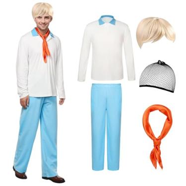Imagem de SERTAS Fantasia adulta de Halloween para homens, camisa branca clássica de manga comprida, calça azul, cachecol laranja, touca de peruca loira, Branco, G