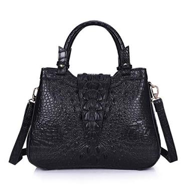 Imagem de Bigfanshu Bolsa feminina 2020 Fashion com estampa de crocodilo bolsa luxuosa de couro bolsa tiracolo, Preto, 32cmX11cmX25cm