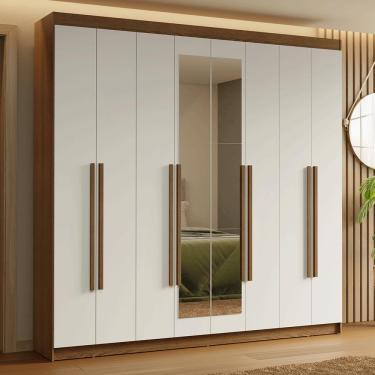 Imagem de Guarda-Roupa Casal 8 Portas Batentes com Espelho Rustic/Branco/Rustic Saturno Madesa