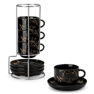 Imagem de MALACASA Conjunto de 4 xícaras de café expresso de porcelana de 227 g com pires e suporte de metal, mármore preto