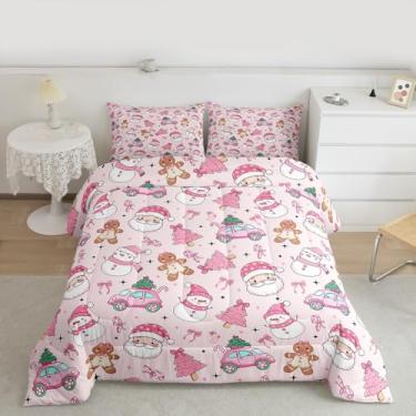 Imagem de Conjunto de cama de Natal rosa, tamanho king, caminhão, árvore de Natal, 3 peças, para decoração de quarto de crianças, meninas, meninos, mulheres, Papai Noel e boneco de neve, edredom acolchoado fofo