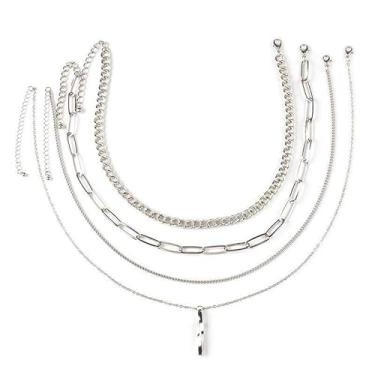 Imagem de Colar em camadas para mulheres gargantilhas grossas com corrente de clipe de papel e franja de peralidade, 40+45+50+55CM, Zinco, Sem Pedra Preciosa