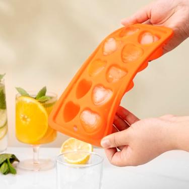 Imagem de Forma de cubo de gelo de silicone de 10 cavidades com formato de coração, laranja, antiaderente e fácil de liberar para gelo, geleia, chocolate, velas, com orifício para pendurar, livre de BPA