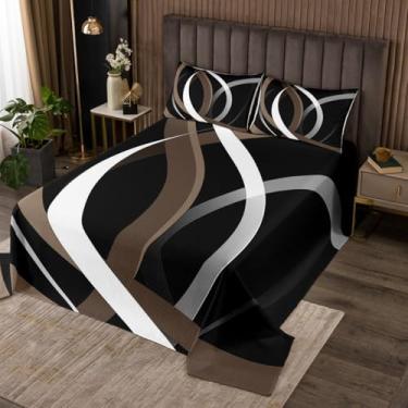 Imagem de Manfei Colcha King com listras geométricas, conjunto de colcha com linhas de listras abstratas, 3 peças, colcha acolchoada preta e cinza acinzentada com 2 fronhas, decoração de quarto de meninos