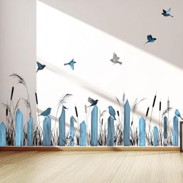 Imagem de VePret Decalques de parede de cerca rústica grande descasque e cole, adesivos de parede de pássaros de junco azul, vinil removível decoração de casa papel de parede artístico para quarto, sala de
