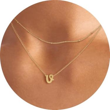 Imagem de Colar feminino com inicial em camadas, pingente de letra A-Z, gargantilha de corrente dupla, joias delicadas em camadas, estilo minimalista, 14+2in/16+2in, Aço inoxidável, Sem Pedra Preciosa