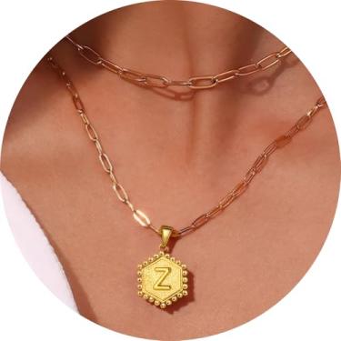 Imagem de Colar feminino com inicial em camadas, aço inoxidável banhado a ouro 18K, pingente de clipe de papel duplo A a Z, conjunto de duas correntes destacáveis, 16.5in/ 14+2in, Aço inoxidável, Sem Pedra