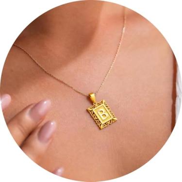 Imagem de Colar com letra inicial para mulheres, aço inoxidável banhado a ouro 18K, pingente retangular A–Z, corrente de 50,8 cm, 20in, Aço inoxidável, Sem Pedra Preciosa