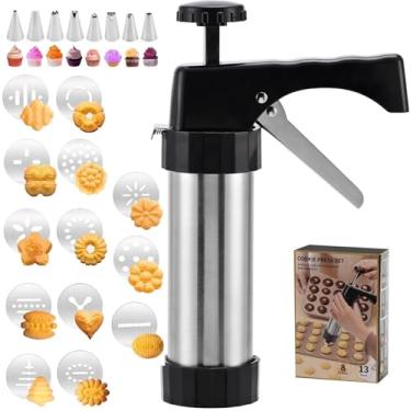 Imagem de EooUooIP Kit de pistola de prensa de biscoitos, prensa de biscoito spritz, máquina de biscoitos de aço inoxidável com 13 discos, 8 pontas de tubulação para biscoitos de Natal DIY, assar e decorar