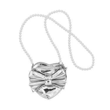 Imagem de AMPOSSTO Bolsa tiracolo para meninas, mini laço em forma de coração, brilhante a laser, bolsa de mão com corrente de pérola, linda bolsa de ombro, Prata, One Size