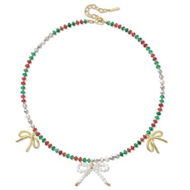 Imagem de KissYan Colar feminino com laço de Natal, vermelho, verde, em camadas, gargantilha de contas de pedras preciosas naturais, joias artesanais, presente de festival, Cobre, Sem Pedra Preciosa