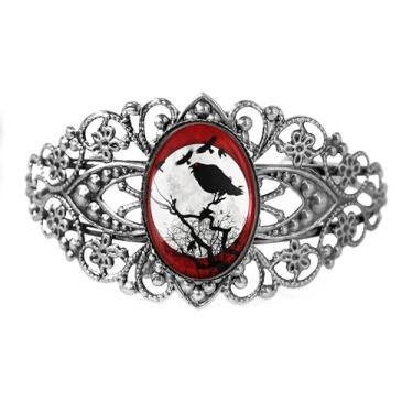 Imagem de Pulseira de filigrana de corvo vermelho e lua - Halloween de terror gótico, bronze antigo prata ou preto, joias de vidro feitas à mão estilo vitoriano vintage - 955-CB, Adjustable, Vidro, Sem Pedra