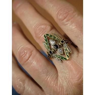 Imagem de Anel de inseto dourado moderno zircônia cúbica safira feminina joia de festa