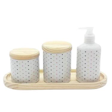 Imagem de Kit de Higiene para Bebê 4 Peças Poá com Bandeja Oval e Tampa de Pinus