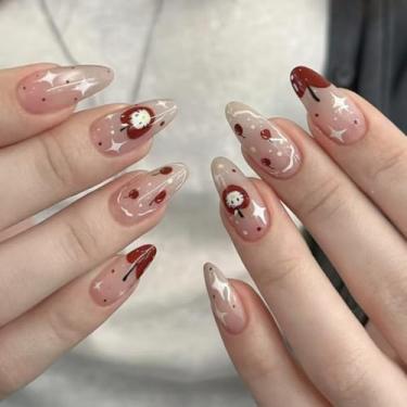 Imagem de Unhas postiças de amêndoa média fofa rosa nude cola falsa com design de gato estrela cobertura completa bastão falso artificial em unha de acrílico para mulheres uso diário, 24 peças