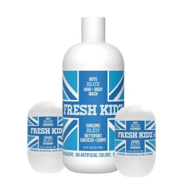 Imagem de Fresh Kidz Hair & Body Wash 16,9 Fl.Oz. E 2 Desodorantes Roll-On 1,86 Fl.Oz. Para Crianças E Adolescentes - Conjunto Azul Para Meninos