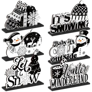 Imagem de Wonderjune 6 peças de decoração de mesa de madeira de Natal, floco de neve, boneco de neve, centro de mesa de madeira, decoração do país das maravilhas para o inverno, tema de neve, Natal, aniversário