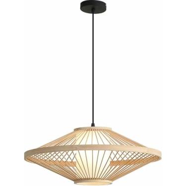 Imagem de WLHAZMWY Candeeiro pendente oval camada única pergaminho falso abajur estilo japonês arte tecida à mão pingente estilo pastoral teto de economia de energia (natural, 40 * 20 cm)