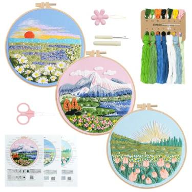 Imagem de RidaaFri Kit de bordado para iniciantes, conjunto de 3, kits de ponto cruz carimbados à mão para iniciantes, adultos e crianças com lindos padrões de flores e plantas, tecido, argola, agulha e linhas
