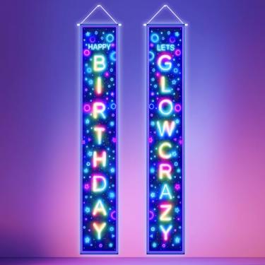 Imagem de HOMETITUTE 2 peças tapeçaria de luz negra feliz aniversário faixa vertical letras neon para pendurar na parede com design de festa brilhante UV em faixas escuras 30,5 x 180,8 cm para decoração interna