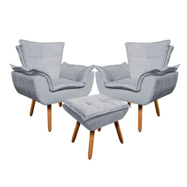 Imagem de Kit 2 Poltronas Decorativas Pés Palito Com Puff Opla Suede Cinza - Ibiza