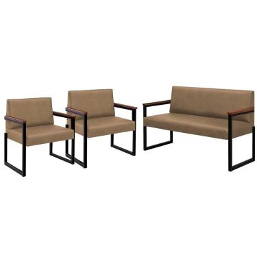 Imagem de Conjunto Sofá 2 Lugares E 2 Poltronas Niterói Couro Bege Em Metal Preto