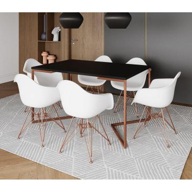 Imagem de Mesa Industrial Jantar Preta 137X90Cm Base Cobre V Com 6 Poltronas Brancas Base Cobre Marrom