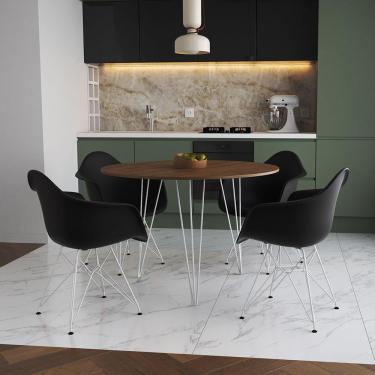 Imagem de Mesa Jantar Redonda 110Cm Amêndoa Clips 3 Pés Com 4 Poltronas Pretas Ferro Branco Marrom