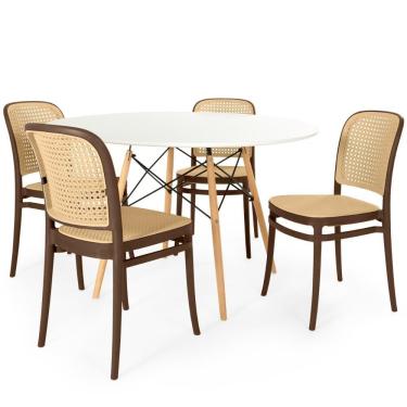 Imagem de Conjunto Mesa De Jantar Redonda Eiffel Branca 120cm Com 4 Cadeiras Roma - Marrom