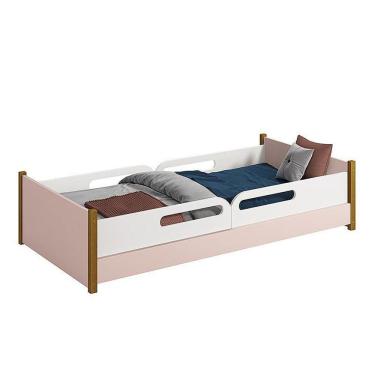 Imagem de Cama Evolutiva Ravi Rosa Pés Amadeirado, 2 Kits Grade Lateral Usinada E Colchão D20 - Reller Móveis Rosa Fosco