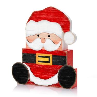 Imagem de Britimes 4 peças de decoração de mesa de Natal Papai Noel, conjunto de decorações de bandeja em camadas, conjunto de placas de bloco de pilha de Papai Noel, presente rústico, decoração de mesa de casa