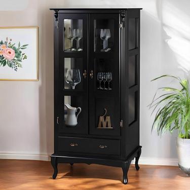 Imagem de Cristaleira De Madeira 2 Portas 1 Gaveta 2 Prateleiras Pés Luiz Xv - Preto Laca