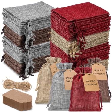 Imagem de Woanger 100 peças de sacos de presente de serapilheira com 100 peças de etiquetas de presente de papel kraft com cordão, sacos de estopa a granel para artesanato de festa de casamento DIY (10 x 15 cm