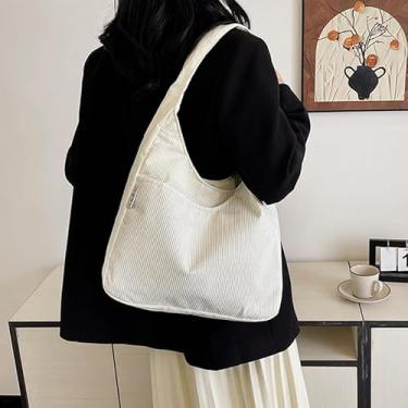 Imagem de Bolsa de veludo cotelê moderna, bolsa casual de cor sólida, bolsa de ombro grande feminina para uso diário, viagens, compras, branca