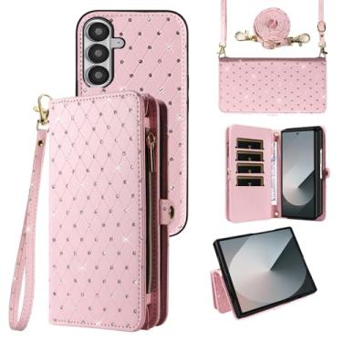 Imagem de Asuwish Capa de celular para Samsung Galaxy Z Fold 7 com zíper destacável carteira celular com alça transversal brilhante flip porta-cartões ZFold Z7 G Fold7 7Z mulheres homens meninas rosa