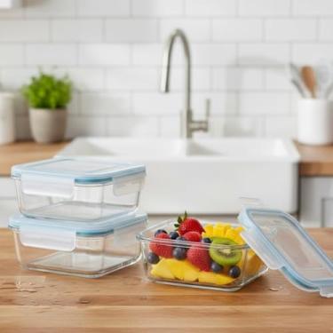 Imagem de Kit 3 Potes Retangular Hermético de Vidro Borossilicato, Tampa de Silicone, 370ml, 15x11x5cm, Transparente, Resistente a Temperatura, Livre de BPA, para Alimentos e Marmitas