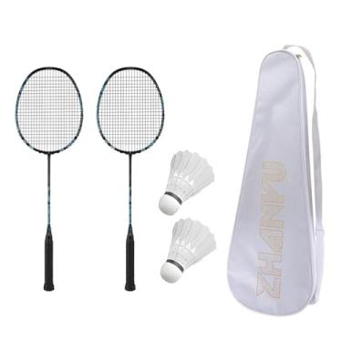 Imagem de PFVMSQA Raquete de badminton profissional, conjunto de badminton ofensivo 4U de carbono total de 13,6 kg, Sparring para dois jogadores ao ar livre, com 2 petecas e 1 bolsa de transporte, para quintal