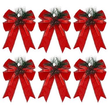 Imagem de Laços de árvore de Natal xadrez buffalo, pacote com 6, fita xadrez preta e branca com pinha e listras vermelhas, enfeites de arco decorativos grandes para árvores, grinaldas, decoração de porta