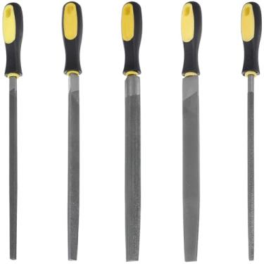 Imagem de Conjunto de limas de aço de 5 peças de 25 cm com alças ergonômicas, inclui arquivos redondos, planos, semi-redondos, triangulares e estojo de armazenamento conveniente