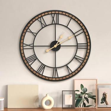 Imagem de Micasso Relógio de parede grande sem tique-taque: 61 cm moderno metal preto com moldura de madeira maciça relógio silencioso para sala de estar/quarto/cozinha - decoração de casa para consciência da