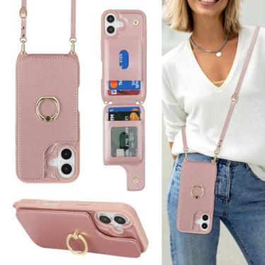 Imagem de Lipvina Capa para iPhone 17 com suporte para cartão e alça para mulheres, cordão transversal, suporte de anel, fecho de pressão, capas de carteira de telefone fofas de 6,3 polegadas (ouro rosa)