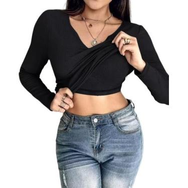 Imagem de Camisa de manga comprida CHICME com sutiã embutido  preta