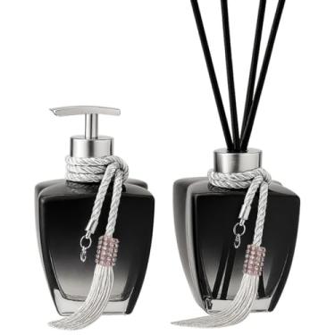 Imagem de Kit Banheiro Luxo com 02 Frascos Estrela Degradê Preto 280ml - Saboneteira Cromada Super Luxo e Difusor com Varetas de Fibra(Prata)