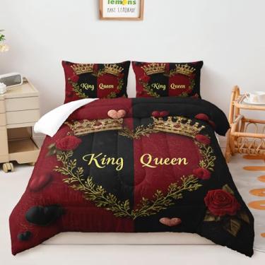 Imagem de AILONEN Conjunto de cama queen e king size, coração de amor, rosa, conjunto de edredom macio para crianças e adultos, conjunto de edredom macio vermelho e preto, 3 peças, 1 edredom e 2 fronhas