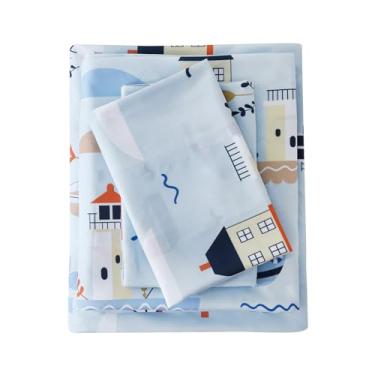 Imagem de MCO Lençóis de cama casal infantil de barco à vela, microfibra macia para meninos e meninas, 4 peças de lençol de casal respirável para farol